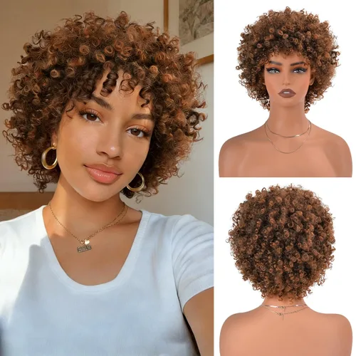 Vista 20 de Vitorish Peluca corta afro rizada con flequillo para mujeres negras, peluca sintética resistente al calor, color negro natural, para uso diario