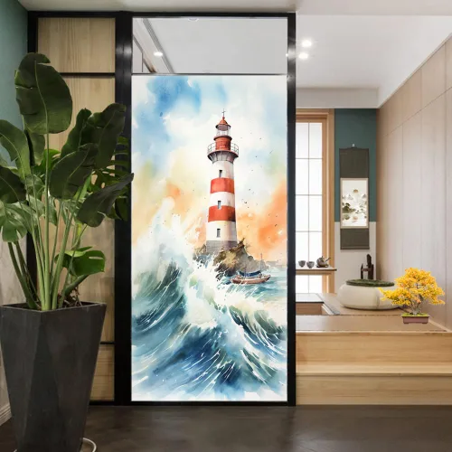 Vista 7 de Película de privacidad para ventana de faro blanco retro, estilo costero, acuarela abstracta, vitrales, película de adherencia estática para tiendas