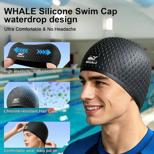 Vista 5 de Whlae Gorro de natación extra grande, con una correa de silicona duradera y diseño de oreja impermeable, adecuado para cabello largo, cabello rizado