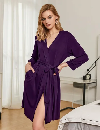 Vista 2 de HOTOUCH Bata de algodón ligera para mujer, bata de baño de punto corta, suave, ropa de dormir con bolsillos