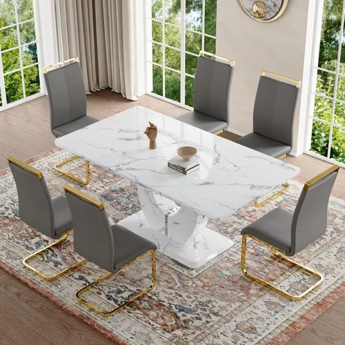 Vista 105 de JUFU Juego de mesa de comedor moderno para 4, juego de mesa de cocina rectangular de 63 pulgadas con mesa de mármol sintético y 4 sillas tapizadas