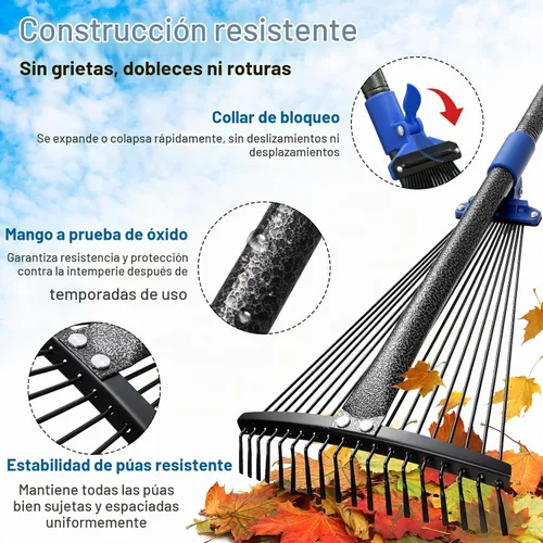 Vista 7 de Rastrillo para hojas: rastrillo de hojas de metal ajustable para césped, cabeza expandible de 8 a 17 pulgadas, mango largo de 45 pulgadas