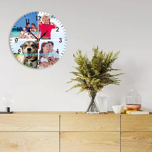 Vista 7 de Reloj de pared personalizado, reloj personalizado con texto de 4 imágenes, reloj de fotos silencioso redondo personalizado de PVC, regalos