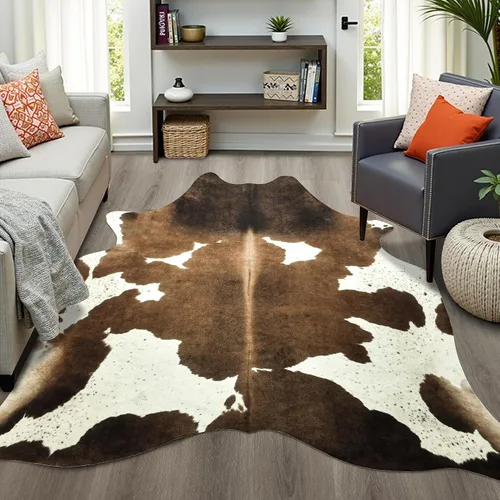 Vista 34 de Easycozy Alfombra de piel de vaca sintética con gran estampado de vaca, 3 x 4 pies, alfombra gruesa y elástica para dormitorio, sala de estar