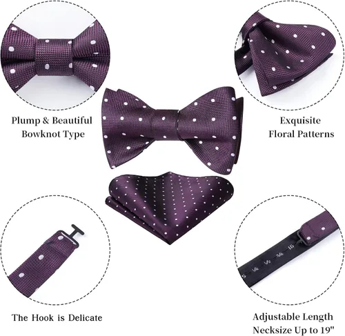 Vista 101 de HISDERN Pajaritas para hombre, diseño de lunares, corbatín y bolsillo cuadrado, clásico, esmoquin de negocios, boda, pajaritas, pañuelo