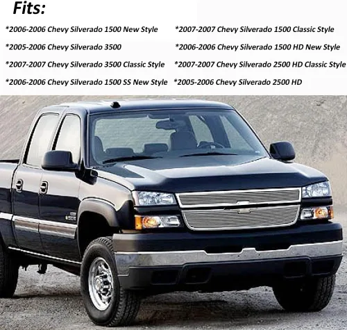 Vista 6 de Inserción de parrilla frontal para 2006 Chevy Silverado 1500/2005-2006 2500HD/3500 Cubierta de protección de parrilla de aluminio billet cromado