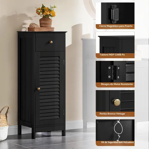 Vista 6 de Yaheetech Small Bathroom Storage Cabinet with Drawer & Louvered Door,Black