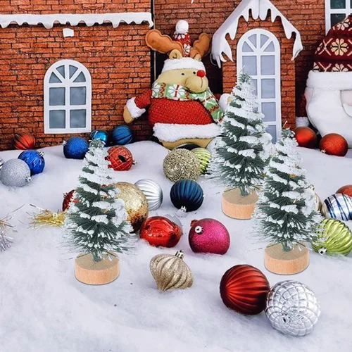 Vista 3 de SEWACC 10 mini árboles de Navidad de 2.0 in, botella de escarcha de nieve artificial con base de madera, adornos de nieve de invierno para Navidad