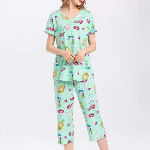 Vista 3 de ENJOYNIGHT - Conjunto de pijama de algodón para mujer, pijama de manga corta y pantalones capri, ropa de dormir de 2 piezas