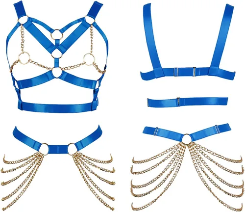 Vista 2 de Sujetador de arnés corporal para mujer, cinturón de liga punk, elástico ajustable, brasier de cadena de metal, baile, carnaval, accesorios