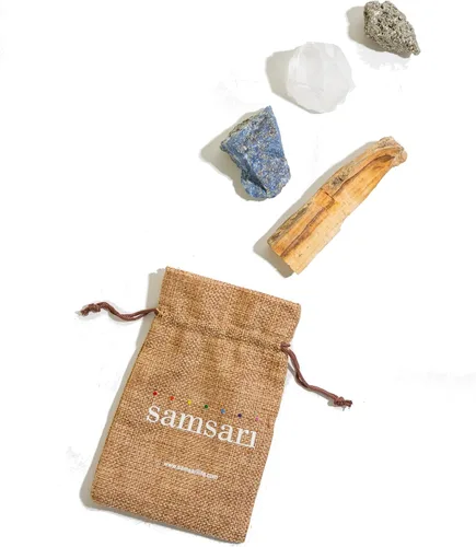 Vista 5 de Juego de 5 piezas de cristales curativos Abundance XL (pirita, lapislázuli, cuarzo transparente), 1 palo de Palo Santo y 1 bolsa de tela hecha a mano