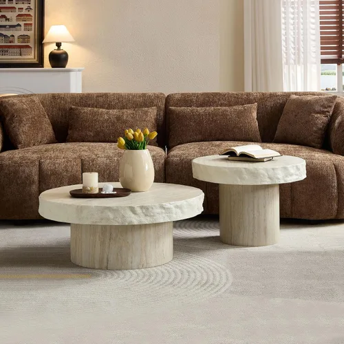 Vista 6 de JUSTONE Mesa de Centro Redonda para Sala de Estar, Mesa de Acento Moderna de 31.5 Pulgadas con Acabado de Piedra Artificial Beige Desgastado, Mesa