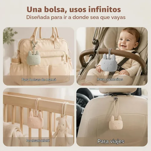 Vista 4 de ROCCED Funda de silicona para chupetes con diseño de conejito con correa de silicona suave, almacenamiento de viaje para cochecito y bolsa