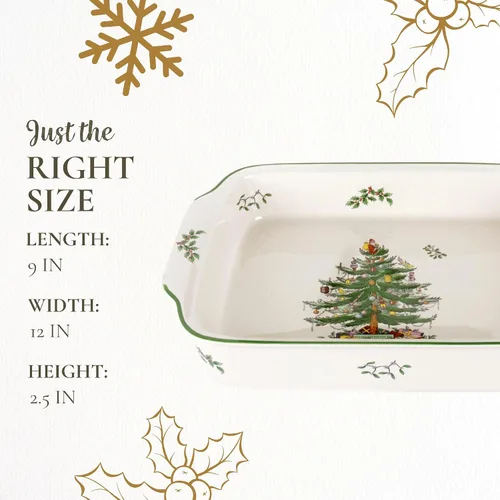 Vista 8 de Spode Plato rectangular con mango de árbol de Navidad (9 x 12 pulgadas) para hornear y platos de temporada, apto para loza, microondas