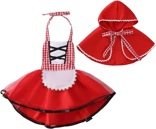 Vista 3 de DYMCII Disfraz de capucha roja para bebé Halloween Navidad cumpleaños elegante cosplay tutú con capa Rojo