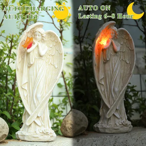 Vista 5 de Figura de ángel, grandes estatuas de jardín de ángel para exteriores con luces LED solares de mariposa, decoración de césped, adorno escultórico