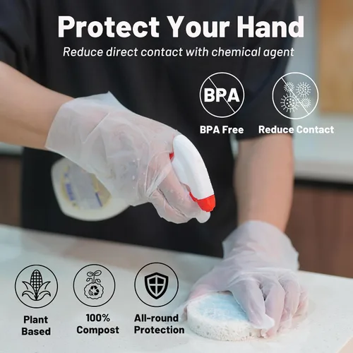 Vista 4 de Guantes desechables compostables de compost Guantes grandes de comida para limpiar cocinar, lavar platos, certificado BPI, 100 unidades, color blanco