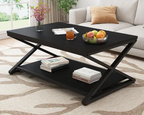 Vista 3 de HSH Mesa de sala de estar de madera de metal minimalista moderna negra con estante de almacenamiento, mesa central rectangular de 39 pulgadas y 2