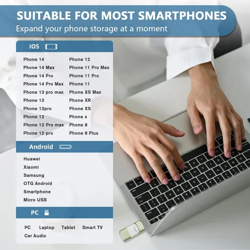 Vista 4 de Unidad flash de 256 GB [no requiere aplicación] diseñada para teléfono, tableta, Android y computadoras, lápiz fotográfico 4 en 1