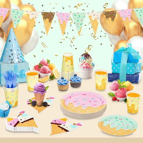 Vista 5 de DYLIVeS 132 piezas de suministros para fiesta de cumpleaños de helado, juego de vajilla desechable para decoración de mesa de fiesta para niña