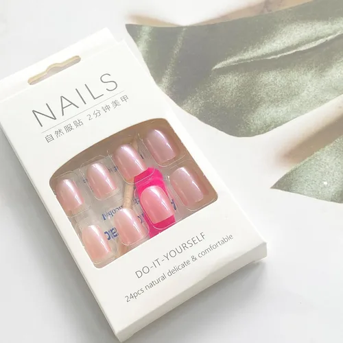 Vista 4 de Uñas postizas cuadradas a presión, uñas postizas cortas de cobertura completa, uñas postizas aurora, uñas acrílicas brillantes con pegamento, uñas 2