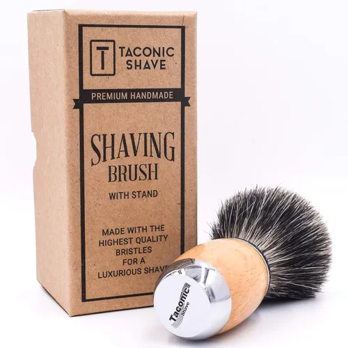 Vista 2 de Taconic Shave 's 100% mixto tejón cepillo de afeitar de lujo – madera de haya y mango cromado – Soporte de afeitar incluido