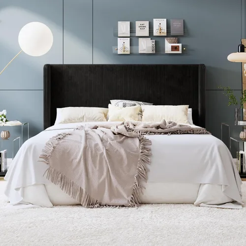Vista 24 de SHA CERLIN - Base de cama tamaño Full tapizada en pana con plataforma y cabecera acolchada con diseño acanalado vertical estilo wingback, 8