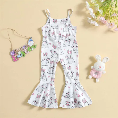 Vista 2 de GLIGLITTR Trajes de Pascua para bebés y niñas pequeñas, enterizo de conejo, floral, lindo overol de una pieza, pantalones acampanados