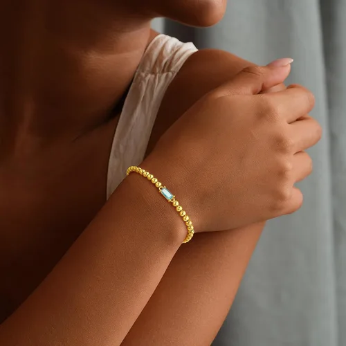 Vista 2 de Yoosteel Pulsera delicada con piedra natal para mujer, pulseras elásticas chapadas en oro de 14 quilates, joyería de cumpleaños de amistad de moda