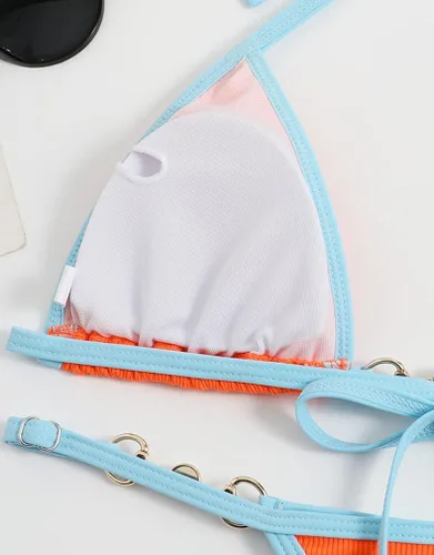 Vista 6 de ATENGNES Conjunto de bikini de 2 piezas para mujer, traje de baño de cadena con tanga triangular acanalada