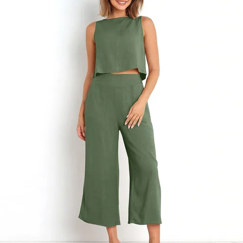 Vista 4 de Conjunto de 2 piezas de algodón y lino para mujer, camiseta corta sin mangas y pantalones cortos de pierna ancha, conjuntos casuales de algodón