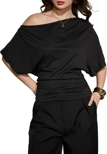 Vista 26 de SweatyRocks Women's Off The Shoulder Tops Asymmetrical Summer Going Out Top Negro