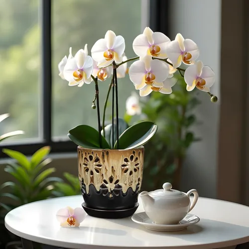 Vista 5 de Ollas de orquídeas de 6 pulgadas con agujeros Brown Black Ceramic Orchid Pot para trasplante marrón y negro