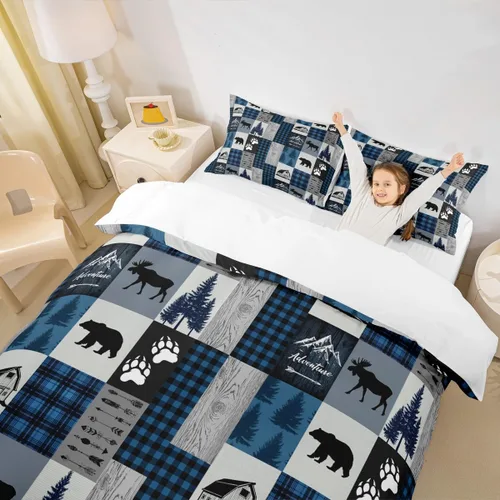 Vista 3 de Juego de funda de edredón rústica para niños, tamaño individual, diseño de ciervos, osos, pinos, decoración de habitación de niños, niñas y adultos