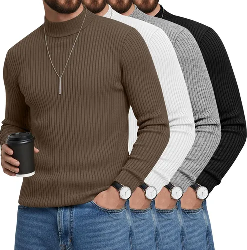Vista 15 de Paquete de 4 Camisetas de Cuello Alto Simulado para Hombre de Algodón de Punto Acanalado de Manga Larga Pullover Ajustado Casual Suéteres Básicas