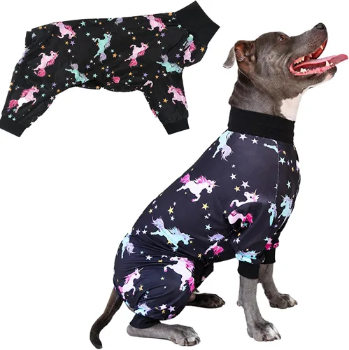 Vista 7 de Tooth & Honey Pit Bull - Pijama para perro con estampado de vaca, luna y estrella, con cobertura completa, pijama ligera para perros grandes
