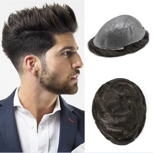 Vista 42 de Tupé para hombre, pieza de cabello humano real, sistema de reemplazo para hombres, piel ultrafina, para hombre, línea capilar natural, tupé para 17#