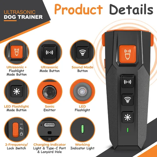 Vista 2 de Dispositivos disuasorios de ladridos de perro – 3 modos, rango de 49.2 ft, linterna Dispositivo antiladridos humano seguro para perros