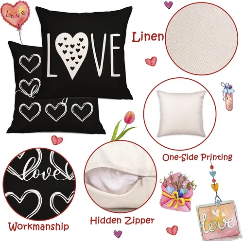 Vista 4 de Geefuun 4 fundas de almohada negras para el día de San Valentín, funda de cojín de lino de San Valentín de 18 x 18 pulgadas, decoración de regalo