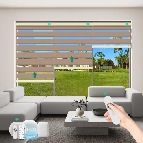 Vista 8 de Persianas motorizadas de cebra con control remoto [doble capa + filtro de luz] Persianas inteligentes 60% opacas para ventanas interiores