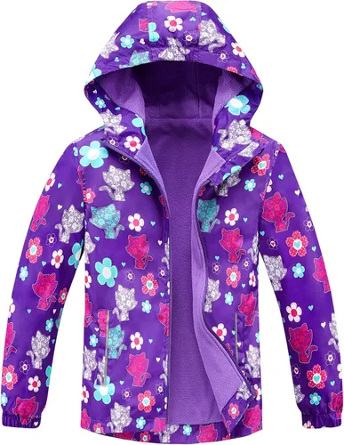 Vista 21 de M2C - Chaqueta ligera impermeable para exteriores con capucha para niñas, forro polar con estampado floral Perla de guepardo