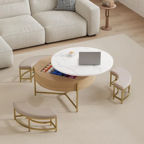 Vista 17 de Mesa de café redonda, mesa de café moderna de 31.5" con 2 cajones grandes de almacenamiento, tapa de mesa con patrón de mármol, mesa central