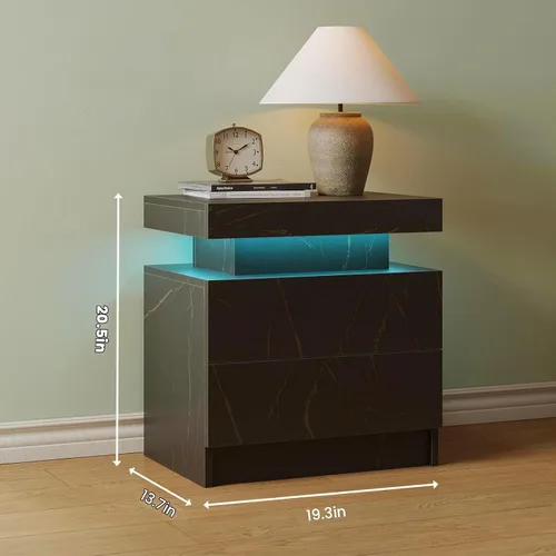 Vista 2 de Juego de 2 mesitas de noche con 2 cajones de madera, moderna mesita de noche LED para dormitorio