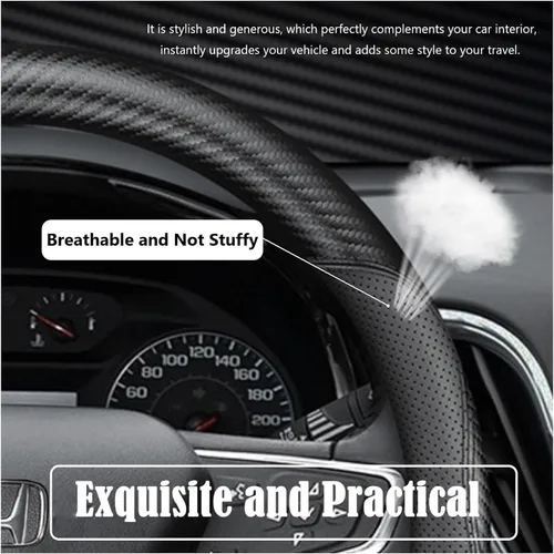 Vista 5 de Funda negra para volante de automóvil, compatible con Honda, de piel fina de napa premium, textura de fibra de carbono, 14 pulgadas, para Honda