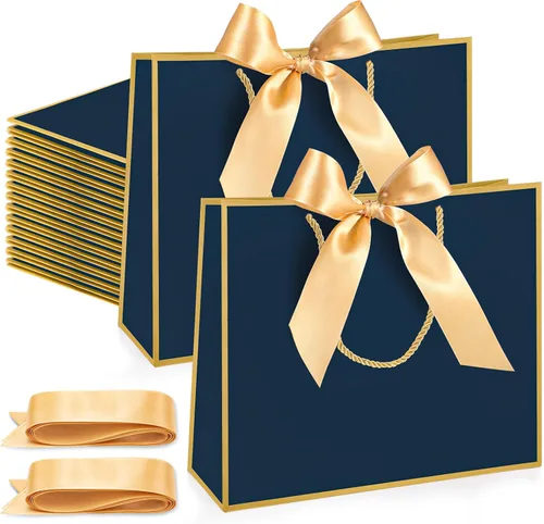 Vista 9 de Silkfly 12 bolsas de regalo con asas para dama de honor, 12 x 10 x 4 pulgadas, elegantes bolsas de regalo de bienvenida de boda con lazo para Negro