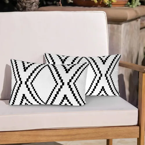 Vista 11 de Juego de 2 fundas de almohada para exteriores, impermeables, geométricas bohemias en blanco y negro para muebles de patio, fundas de almohada