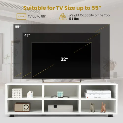 Vista 6 de Tangkula Soporte de TV con 6 compartimentos para televisores de hasta 55 pulgadas, centro de entretenimiento de madera blanca con 6 cubos