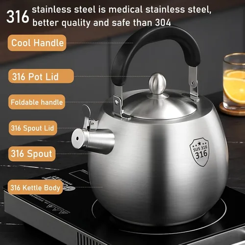 Vista 4 de Hervidor de té, hervidor de té resistente, tetera silbante, tetera de acero inoxidable 316, parte inferior sin costuras, mango plegable, acabado