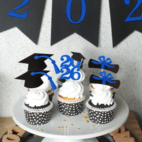 Vista 5 de Decoración para cupcakes de graduación con purpurina azul 2026, selecciones de alimentos/aperitivos, suministros de fiesta de graduación de 2026