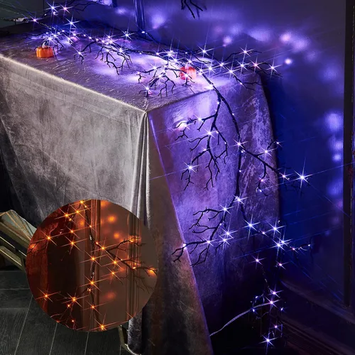 Vista 11 de Birchlitland - Guirnalda negra de Halloween de maple con luces, temporizador, 48 LED, luces de hadas naranjas y blancas cálidas, funciona